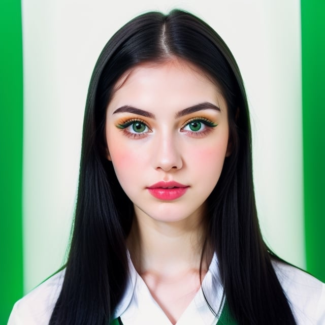 woman, beautiful face perfect face colorful eyes, black hair, straight long middle parted hairstyle, pale white skin, sexy marks, perfect, fully white abstract background, shiny green accessories, best quality, clear texture, details, canon eos 80d photo, light makeup, green theme, (green and white-background: 1.0), school uniform, saturated