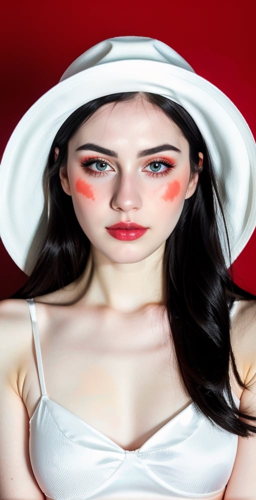 woman, beautiful face, perfect face, colorful eyes fully black hair, pale white skin, sexy marks, perfect, fully white abstract background, shiny red accessories, best quality, clear texture, details, canon eos 80d photo, light makeup