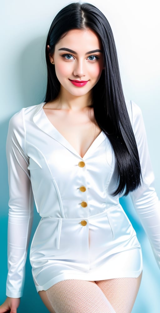 woman, beautiful face perfect face, blue pretty eyes, black hair, super straight long middle parted hairstyle, pale white skin, sexy marks, perfect, fully white abstract background, shiny golden accessories, best quality, clear texture, details, canon eos 80d photo, light makeup, blue theme, (blue-background: 1.1), exposed formal woman business suit, smile and happy, clear fotage