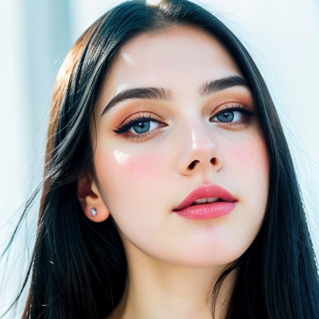 woman, beautiful face, perfect face, colorful eyes fully black hair, pale white skin, sexy marks, perfect, fully white abstract background, shiny blue accessories, blue theme, best quality, clear texture, details, canon eos 80d photo, light makeu, (mid parted straight hair: 1.1)