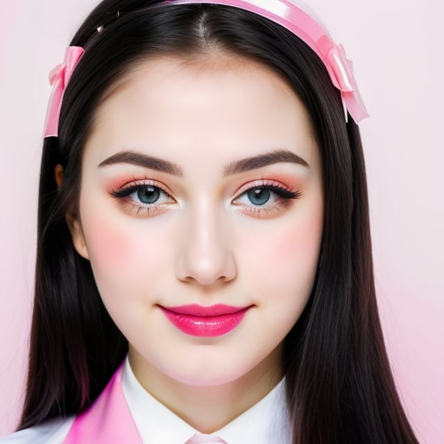 woman, beautiful face perfect face colorful eyes, black hair, straight long middle parted hairstyle, pale white skin, sexy marks, perfect, fully white abstract background, shiny pink accessories, best quality, clear texture, details, canon eos 80d photo, light makeup, pink theme, (pink and white-background: 1.1), school uniform, smile