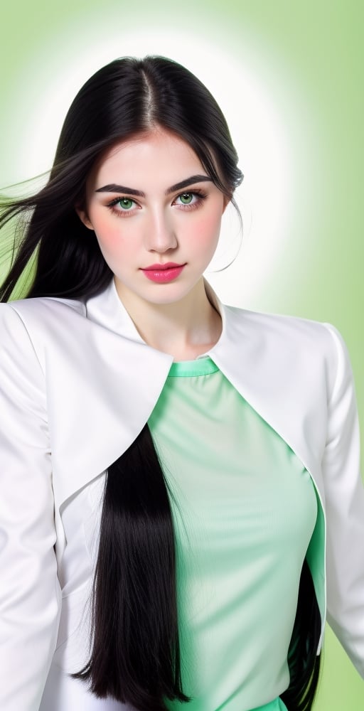 woman, beautiful face perfect face colorful eyes, black hair, straight long middle parted hairstyle, pale white skin, sexy marks, perfect, fully white abstract background, shiny green accessories, best quality, clear texture, details, canon eos 80d photo, light makeup, green theme, (green and white-background: 1.0), school uniform, saturated