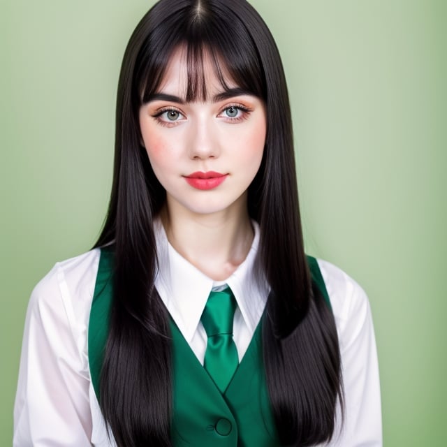 woman, beautiful face perfect face colorful eyes, black hair, straight long middle parted hairstyle, pale white skin, sexy marks, perfect, fully white abstract background, shiny green accessories, best quality, clear texture, details, canon eos 80d photo, light makeup, green theme, (green and white-background: 1.0), school uniform, saturated