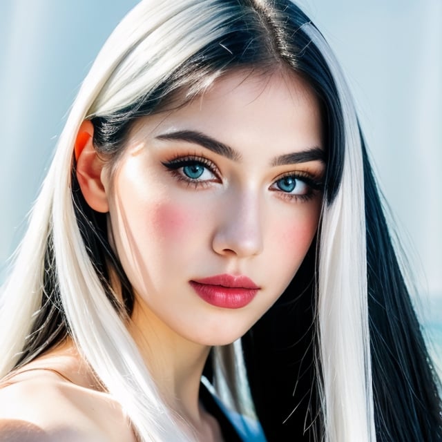 woman, beautiful face, perfect face, colorful eyes fully black hair, pale white skin, sexy marks, perfect, fully white abstract background, shiny blue accessories, blue theme, best quality, clear texture, details, canon eos 80d photo, light makeu, (mid parted straight hair: 1.1)