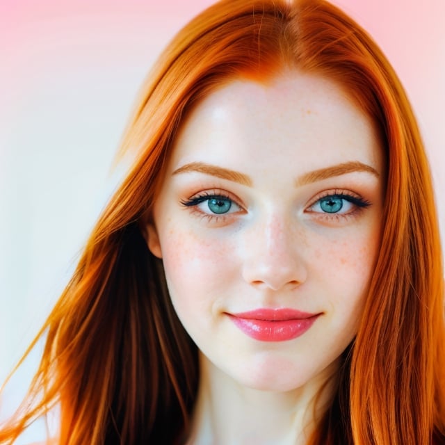 woman, beautiful face, perfect face, colorful eyes fully redhead ginger hair, pale white skin, sexy marks, perfect, fully white abstract background, shiny accessories, blue theme, best quality, clear white texture, details, canon eos 80d photo, light makeup, (mid parted straight hair: 1.1), smile, (pink-background: 1.1)