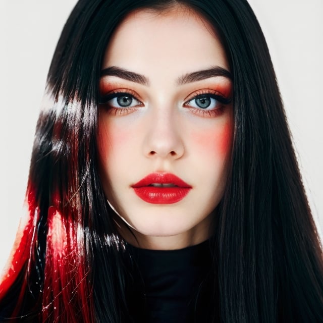 woman, beautiful face, perfect face, colorful eyes fully black hair, pale white skin, sexy marks, perfect, fully white abstract background, shiny red accessories, red theme, best quality, clear texture, details, canon eos 80d photo, light makeu, (mid parted straight hair: 0.9)