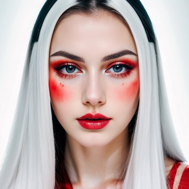 woman, beautiful face, perfect face, colorful eyes fully black hair, pale white skin, sexy marks, perfect, fully white abstract background, shiny red accessories, red theme, best quality, clear texture, details, canon eos 80d photo, light makeu, (mid parted straight hair: 0.9)