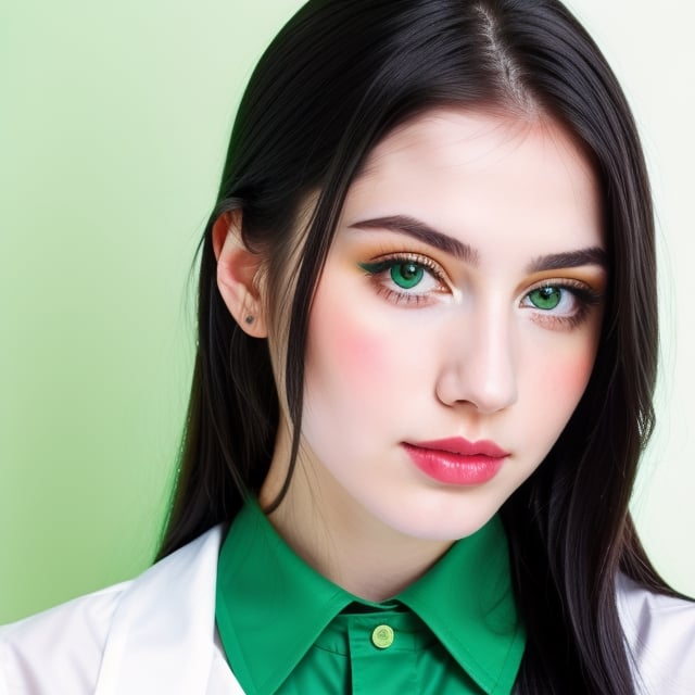 woman, beautiful face perfect face colorful eyes, black hair, straight long middle parted hairstyle, pale white skin, sexy marks, perfect, fully white abstract background, shiny green accessories, best quality, clear texture, details, canon eos 80d photo, light makeup, green theme, (green and white-background: 1.0), school uniform, saturated