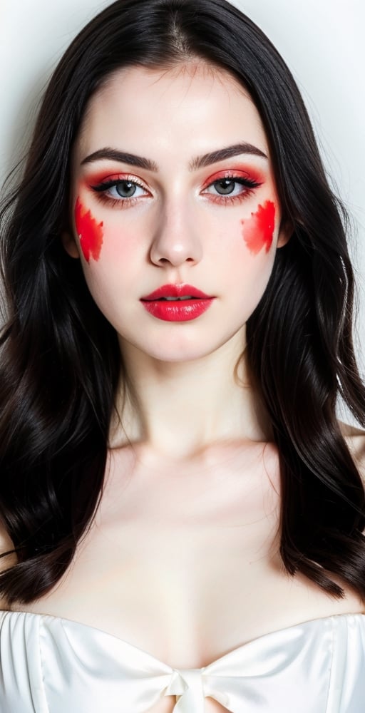 woman, beautiful face, perfect face, colorful eyes fully black hair, pale white skin, sexy marks, perfect, fully white abstract background, shiny red accessories, best quality, clear texture, details, canon eos 80d photo, light makeup