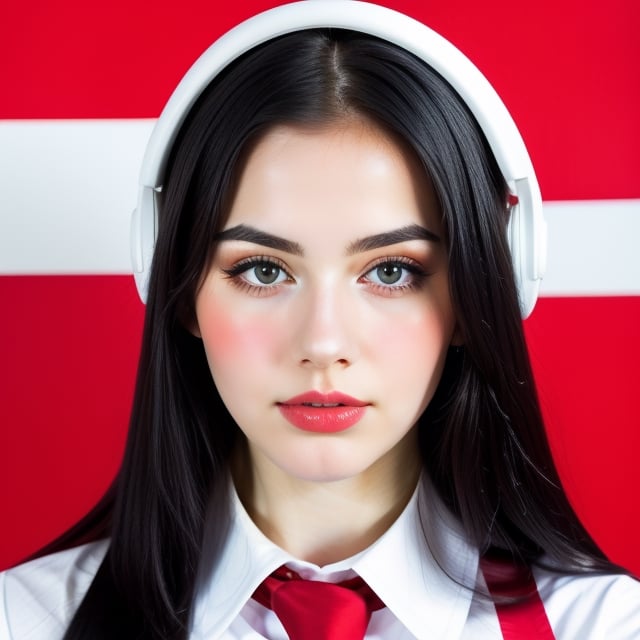 woman, beautiful face perfect face colorful eyes, black hair, straight long middle parted hairstyle, pale white skin, sexy marks, perfect, fully white abstract background, shiny red accessories, best quality, clear texture, details, canon eos 80d photo, light makeup, red theme, (red and white-background: 1.0), school uniform, saturated