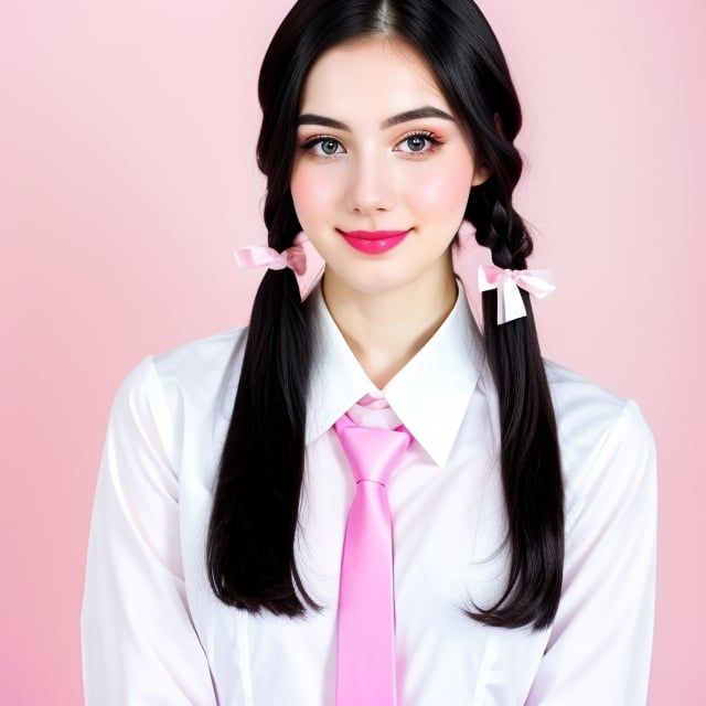 woman, beautiful face perfect face colorful eyes, black hair, straight long middle parted hairstyle, pale white skin, sexy marks, perfect, fully white abstract background, shiny pink accessories, best quality, clear texture, details, canon eos 80d photo, light makeup, pink theme, (pink and white-background: 1.1), school uniform, smile