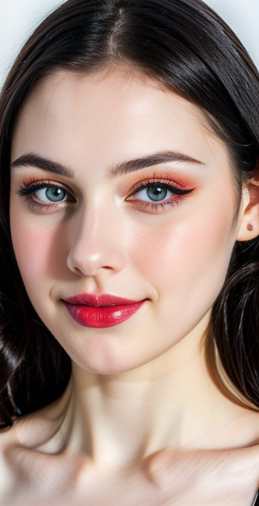 woman, beautiful face, perfect face, colorful eyes fully black hair, pale white skin, little smile, sexy, perfect, face shot, fully white abstract background, shiny red accessories, best quality, clear texture, details, canon eos 80d photo, light makeup