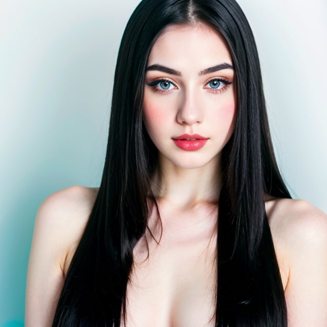 woman, beautiful face, perfect face, colorful eyes fully black hair, pale white skin, sexy marks, perfect, fully white abstract background, shiny blue accessories, blue theme, best quality, clear texture, details, canon eos 80d photo, light makeu, (mid parted straight hair: 1.1)