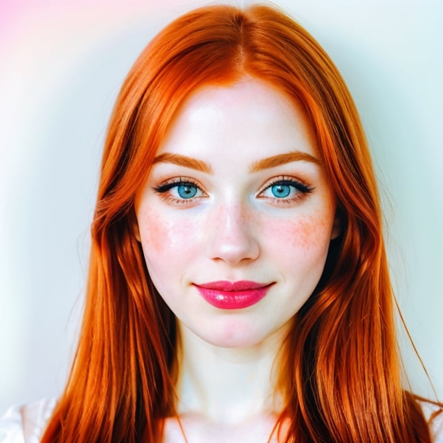 woman, beautiful face, perfect face, colorful eyes fully redhead ginger hair, pale white skin, sexy marks, perfect, fully white abstract background, shiny accessories, blue theme, best quality, clear white texture, details, canon eos 80d photo, light makeup, (mid parted straight hair: 1.1), smile, (pink-background: 1.1)