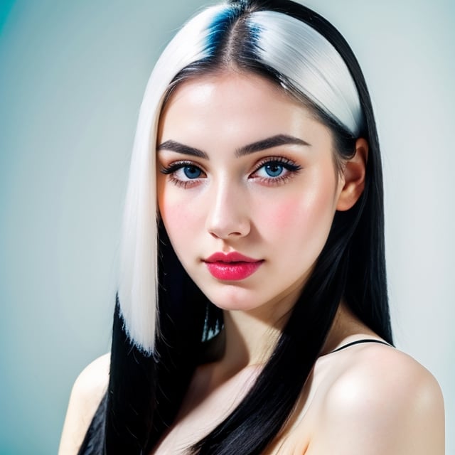 woman, beautiful face, perfect face, colorful eyes fully black hair, pale white skin, sexy marks, perfect, fully white abstract background, shiny blue accessories, blue theme, best quality, clear texture, details, canon eos 80d photo, light makeu, (mid parted straight hair: 1.1)