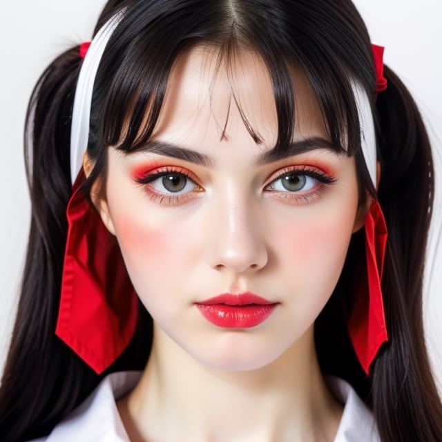 woman, beautiful face perfect face colorful eyes, black hair, straight long middle parted hairstyle, pale white skin, sexy marks, perfect, fully white abstract background, shiny red accessories, best quality, clear texture, details, canon eos 80d photo, light makeup, red theme, (red and white-background: 1.0), school uniform, saturated