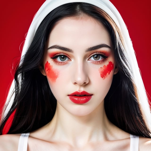 woman, beautiful face, perfect face, colorful eyes fully black hair, pale white skin, sexy marks, perfect, fully white abstract background, shiny red accessories, red theme, best quality, clear texture, details, canon eos 80d photo, light makeu, (mid parted straight hair: 0.9)