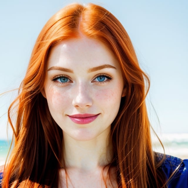 woman, beautiful face, perfect face, colorful eyes fully redhead ginger hair, pale white skin, sexy marks, perfect, fully white abstract background, shiny accessories, blue theme, best quality, clear white texture, details, canon eos 80d photo, light makeup, (mid parted straight hair: 1.1), smile, (purple-background: 1.1)