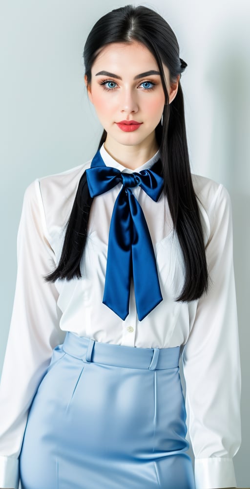 woman, beautiful face perfect face, blue pretty eyes, black hair, super straight long middle parted hairstyle, pale white skin, sexy marks, perfect, fully white abstract background, shiny golden accessories, best quality, clear texture, details, canon eos 80d photo, light makeup, blue theme, (blue-background: 1.1), exposed formal woman business suit, clear fotage