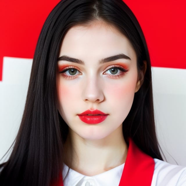 woman, beautiful face perfect face colorful eyes, black hair, straight long middle parted hairstyle, pale white skin, sexy marks, perfect, fully white abstract background, shiny red accessories, best quality, clear texture, details, canon eos 80d photo, light makeup, red theme, (red and white-background: 1.0), school uniform, saturated