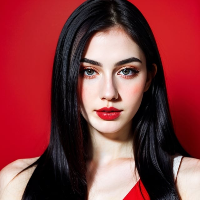 woman, beautiful face, perfect face, colorful eyes fully black hair, pale white skin, sexy marks, perfect, fully white abstract background, shiny red accessories, red theme, best quality, clear texture, details, canon eos 80d photo, light makeu, (mid parted straight hair: 0.9)