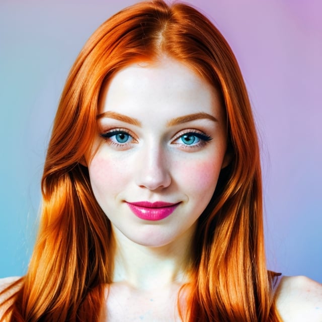 woman, beautiful face, perfect face, colorful eyes fully redhead ginger hair, pale white skin, sexy marks, perfect, fully white abstract background, shiny accessories, blue theme, best quality, clear white texture, details, canon eos 80d photo, light makeup, (mid parted straight hair: 1.1), smile, (purple-background: 1.1)