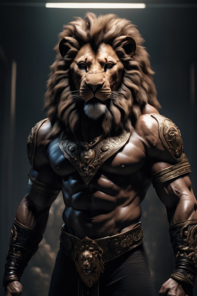 masterpiece, best quality, realistic images,(half-lion-half-man), (very muscular), (wearing-battle-gear) majestic Lion head, powerful,  black long sleeve shirt , (dark skin),(finely detailed), cinematic lighting, extremely detailed CG unity 8k wallpaper