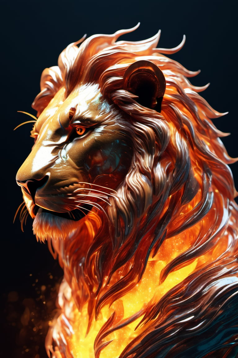 fire as part of human body,large Lion head, fiery, front facing, full body, front side, subsurface scattering, transparent, translucent skin, glow, bloom, Bioluminescent liquid,3d style,cyborg style,Movie Still,Leonardo Style, warm color, vibrant, volumetric light, full body picture