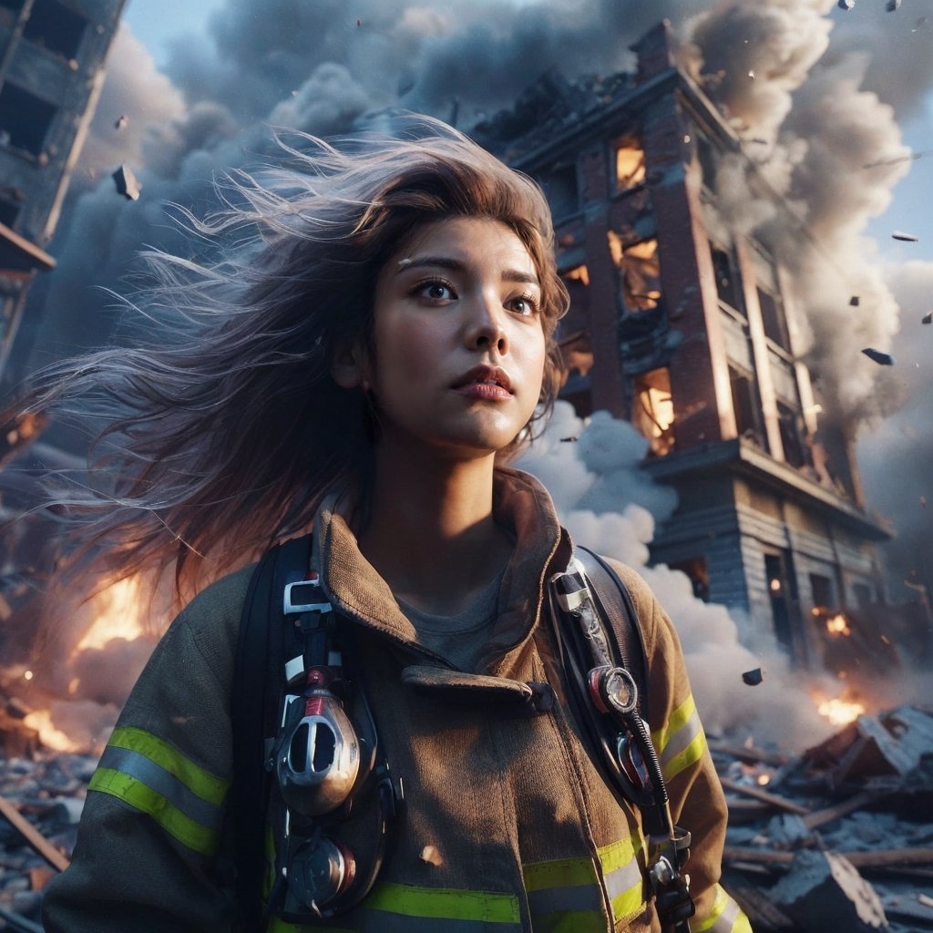 Realistic 32K resolution photography of in Taiwan, 1 female Firemen with exquisitely perfect face, standing in front of destroyed building during earthquake, destroyed debris floating in air. smoke flow are surrounding her, displaying exaggerated posture and movement, illuminated by film grain, Film photo style, realistic skin, Rough skin, lens flare, dramatic lighting, soft lighting, fish-eye lens.
break, 
(1 girl, medium long hair, Exquisitely perfect symmetric very gorgeous face,  perfect breasts,  Exquisite delicate crystal clear skin,  Detailed beautiful delicate eyes, perfect slim body shape, slender and beautiful fingers, nice hands, perfect hands, full_body,)