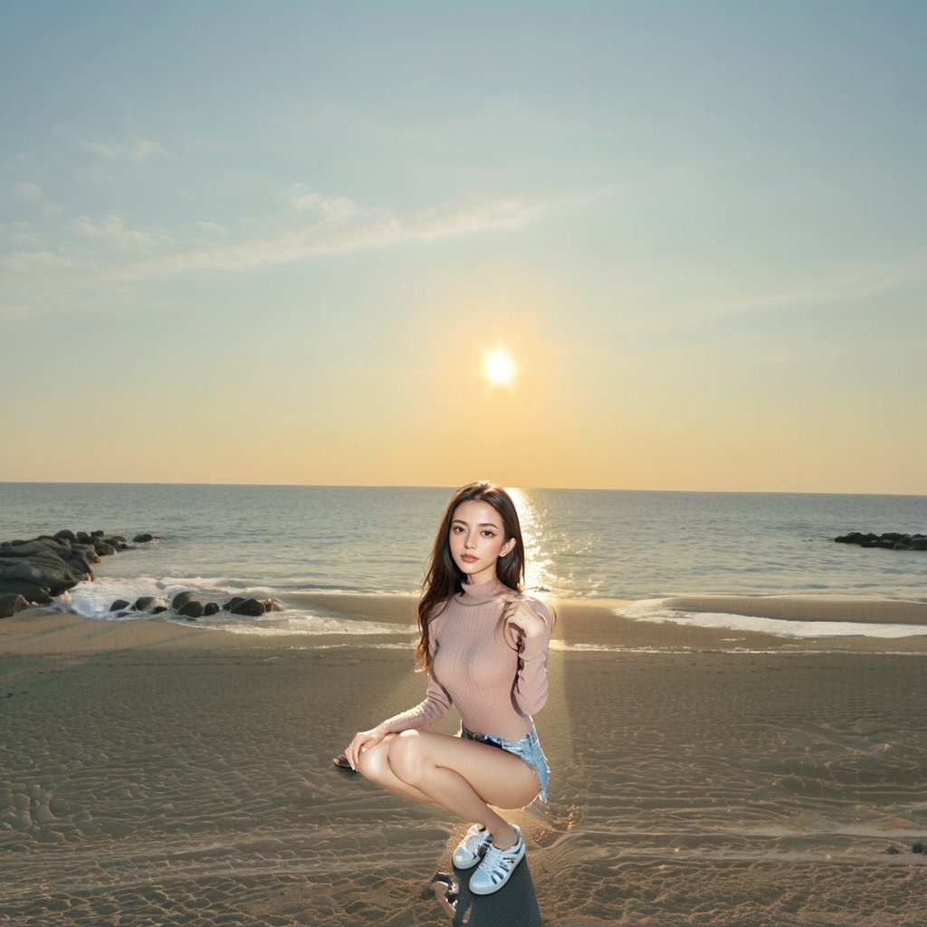 Realistic 16K resolution photography of 1 girl, sitting onon the beach, with the sea behind her and the sun shining brightly.
break,
1 girl, Exquisitely perfect symmetric very gorgeous face, Exquisite delicate crystal clear skin, Detailed beautiful delicate eyes, perfect slim body shape, slender and beautiful fingers, legs, perfect hands, legs, illuminated by film grain, realistic style, realistic skin texture, dramatic lighting, soft lighting, exaggerated perspective of ((Wide-angle lens depth)), extreme detail description,