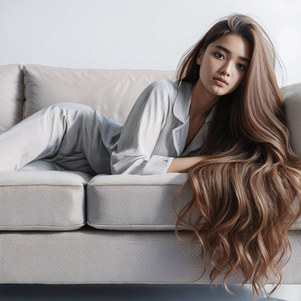 Realistic 16K resolution photography of a girl wearing pajamas, lying on a sofa and looking at the camera. The entire sofa is clearly visible, with a white background and no other objects present. The scene is minimalistic, focused on the girl and the sofa. Realistic lighting, high detail, and clarity.
break,
1 girl, Exquisitely perfect symmetric very gorgeous face, Exquisite delicate crystal clear skin, Detailed beautiful delicate eyes, perfect slim body shape, slender and beautiful fingers, nice hands, perfect hands, illuminated by film grain, realistic skin, dramatic lighting, soft lighting, realistic texture, exaggerated perspective of ((Wide-angle lens depth)).,Enhance