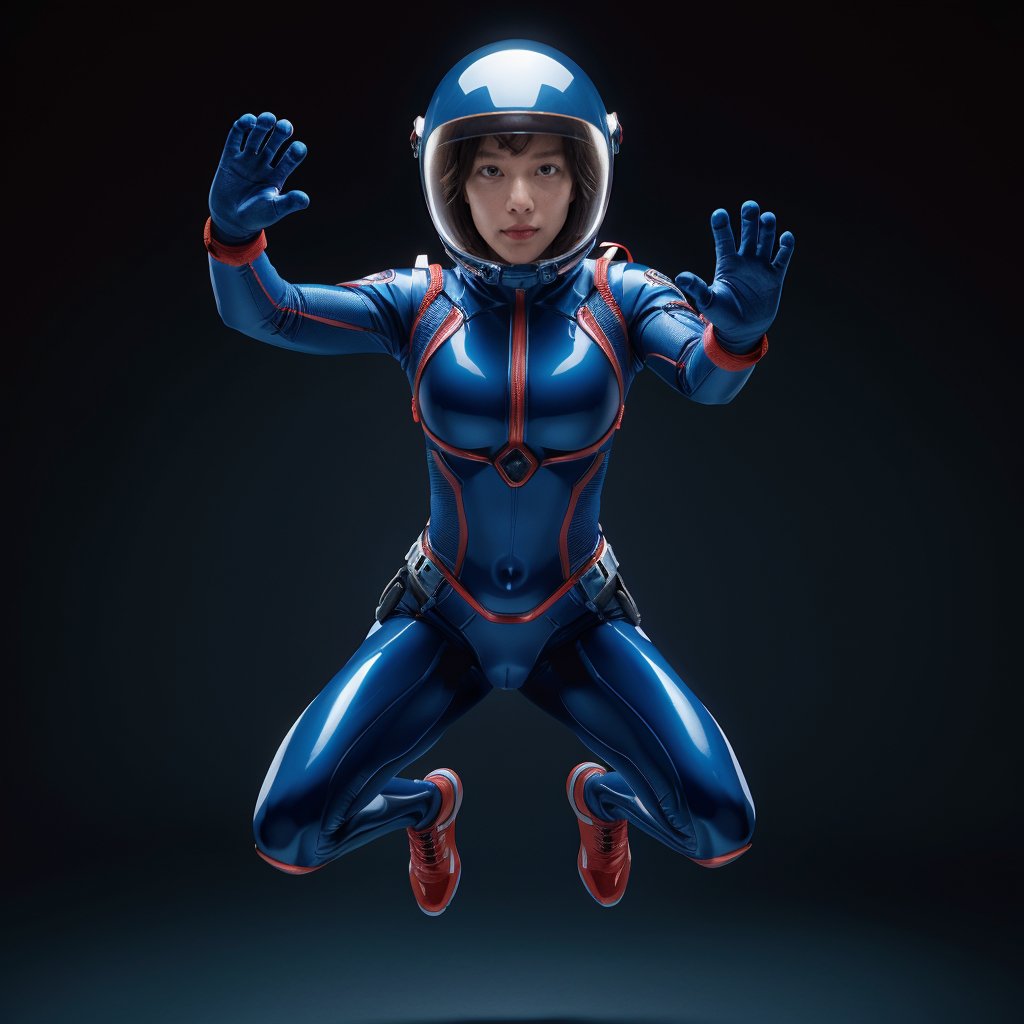 Realistic high resolution red blue tone photography of 1girl wearing tight space suite, helmet, floating in the air, transparent background, 
break, 
1 girl, Exquisitely perfect symmetric very gorgeous face, Exquisite delicate crystal clear skin, Detailed beautiful delicate eyes, perfect slim body shape, slender and beautiful fingers, legs, perfect hands, legs, illuminated by film grain, realistic style, realistic skin texture, dramatic lighting, soft lighting, exaggerated perspective of ((Wide-angle lens depth)),