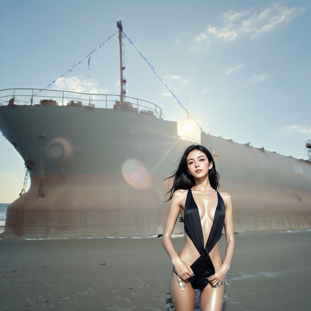 Realistic 16K resolution photography of 1 girl, Sexy poses on the beach, in front of a beached oil tanker,
break,
1 girl, Exquisitely perfect symmetric very gorgeous face, Exquisite delicate crystal clear skin, Detailed beautiful delicate eyes, perfect slim body shape, slender and beautiful fingers, legs, perfect hands, legs, illuminated by film grain, realistic style, realistic skin texture, dramatic lighting, soft lighting, exaggerated perspective of ((Wide-angle lens depth)), extreme detail description,