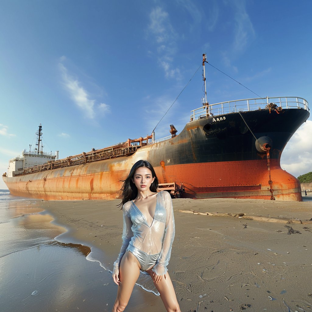 Realistic 16K resolution photography of 1 girl, Sexy poses on the beach, in front of a beached oil tanker,
break,
1 girl, Exquisitely perfect symmetric very gorgeous face, Exquisite delicate crystal clear skin, Detailed beautiful delicate eyes, perfect slim body shape, slender and beautiful fingers, legs, perfect hands, legs, illuminated by film grain, realistic style, realistic skin texture, dramatic lighting, soft lighting, exaggerated perspective of ((Wide-angle lens depth)), extreme detail description,