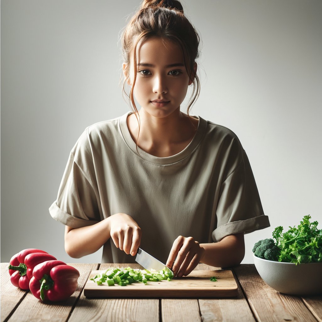 Realistic ultra resolution photography of a girl chopping vegetables on a wooden table,The entire table is visible facing the camera. The background is white and minimalistic, with no other objects present. The girl is focused on her task, with realistic lighting, high detail, and clarity.
break,
1 girl, Exquisitely perfect symmetric very gorgeous face, Exquisite delicate crystal clear skin, Detailed beautiful delicate eyes, perfect slim body shape, slender and beautiful fingers, nice hands, perfect hands, illuminated by film grain, realistic skin, dramatic lighting, soft lighting, realistic texture, exaggerated perspective of ((Wide-angle lens depth)).,Enhance