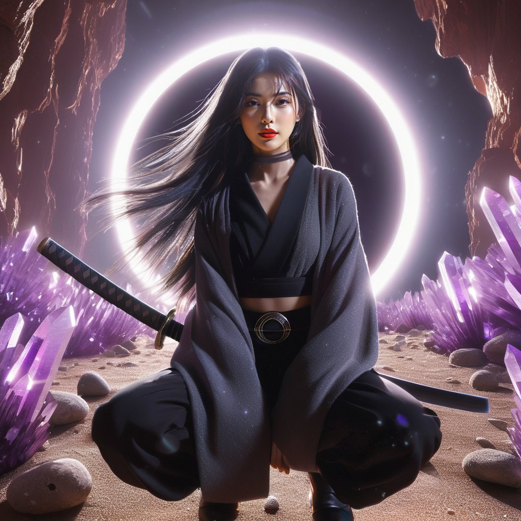 Realistic 16K resolution photography of a girl with Hair flowing in the wind, straight black hair and a black and gray loose suit. she squatting on the ground with a katana in her hand. huge circular halo behind, on an unknown alien planet, surrounded by mineral rocks covered with purple crystals,
break,
1 girl, Exquisitely perfect symmetric very gorgeous face, Exquisite delicate crystal clear skin, Detailed beautiful delicate eyes, perfect slim body shape, slender and beautiful fingers, nice hands, perfect hands, illuminated by film grain, realistic skin, dramatic lighting, soft lighting, realistic texture, exaggerated perspective of ((Wide-angle lens depth)).,hinaigirl,Wonder of Beauty,Enhanced All