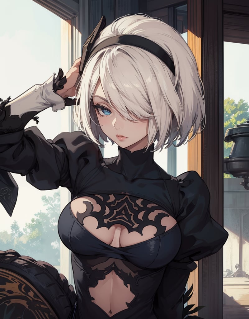 masterpiece, best quality, torso view only, 8k, detailed colors, bright skin colors, illustration (hyper detailed, brightness: 1.4), photo taken from the front, perfect detailed body, tight clothing, in a blue room, face blushing, sexy pose, yorha no. 2 type b
,2B Nier Automata