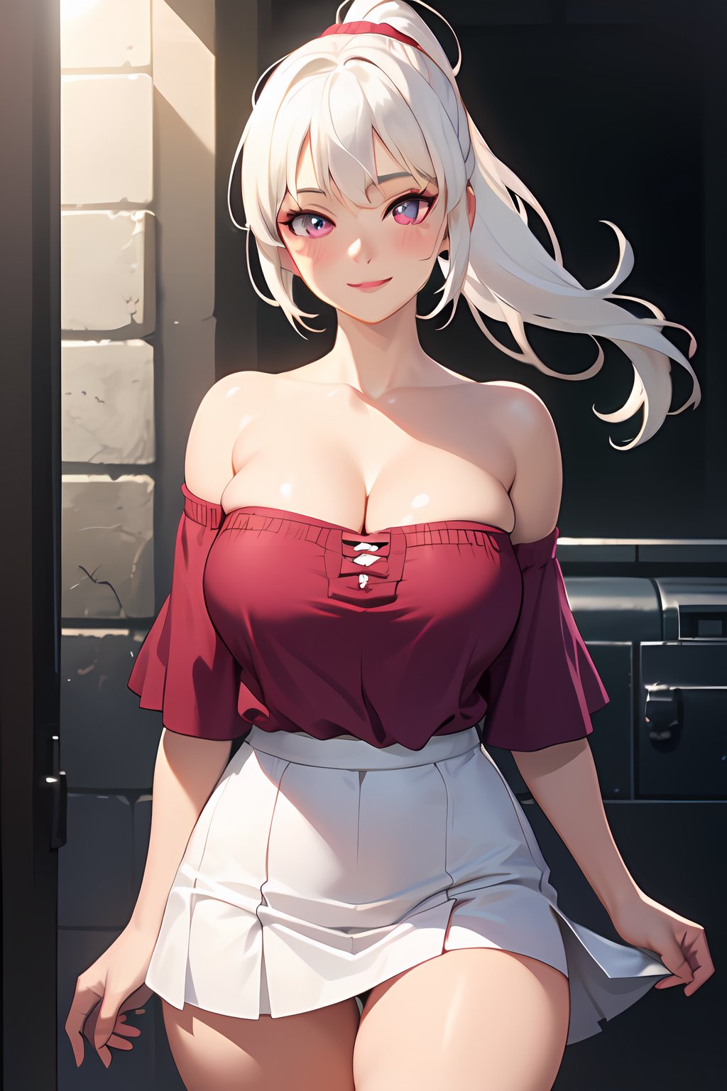 realistic, 1girl, ponytail,closedlips, blush, makeup, light smile, white hair, skirt, tight clothes, glow, thighs, purple eye, bare shoulders, collarbone, narrow waist, sunbeam, sunlight, rose, wind, cleavage, (masterpiece), big boob