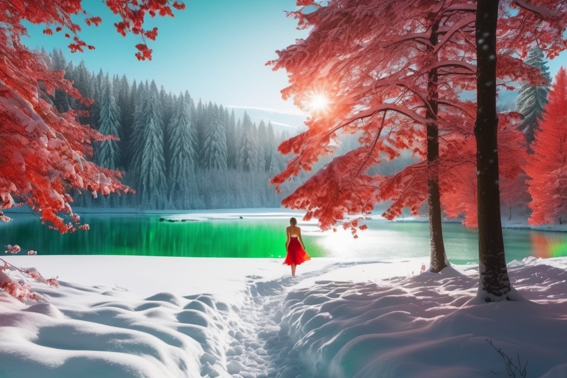 (((realistic photo))) (((8K))) red and green trees, radiant sun green field with snowfall, crystal clear lake, a naked woman, ambient lighting