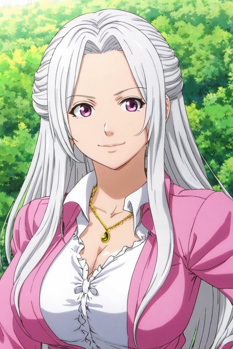 Elizabeth from Nanatsu no Taizai, the Seven Deadly Sins, long white hair, pink shirt blouse