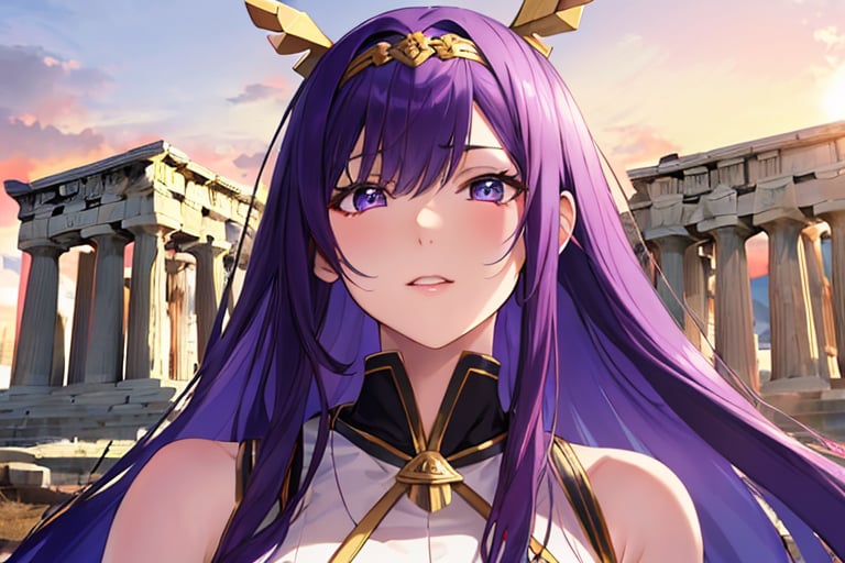 Full body superrealistic 18-year-old woman with long shiny purple hair with bangs, with a childish face with triangle Japanese features, big dark blue eyes, a white Greek dress cinched at the waist, a gold metal belt with an ultra-realistic parthenon background, 4k wind strong