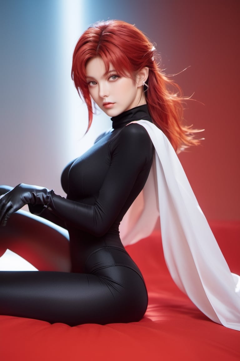 full body, masterpiece, realistic photo, captured through the lens of a high speed DSLR camera, 90's anime style, saint seiya, marin de aguila, super realistic human skin, 8K, 1 girl, bare arms, sitting, 20 years old, short hair, semi-wavy red hair, all black leotard, zero sleeve leotard, red thigh high stockings, white ankle booties, black gloves, metal knuckles,