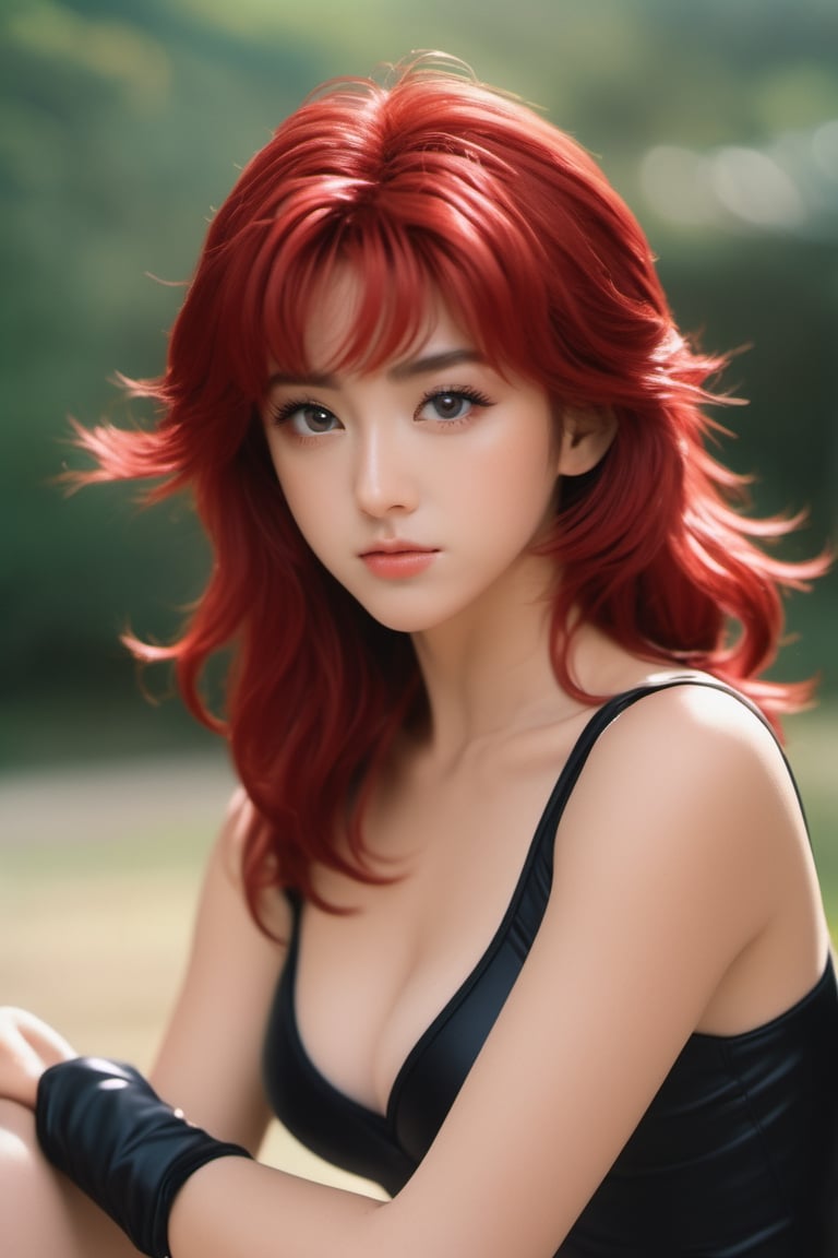 a full body, masterpiece, hyper realistic, photo realistic, full shot, captured through the lens of a high speed DSLR camera, 90's anime style, saint seiya, marin de aguila, super realistic human skin, 8K, 1 girl, face beautiful, sitting, arms bare, 20 years old, semi-wavy red hair, short hair, all black low-cut sleeveless leotard, long red stockings, black sleeveless short gloves, black shoes,