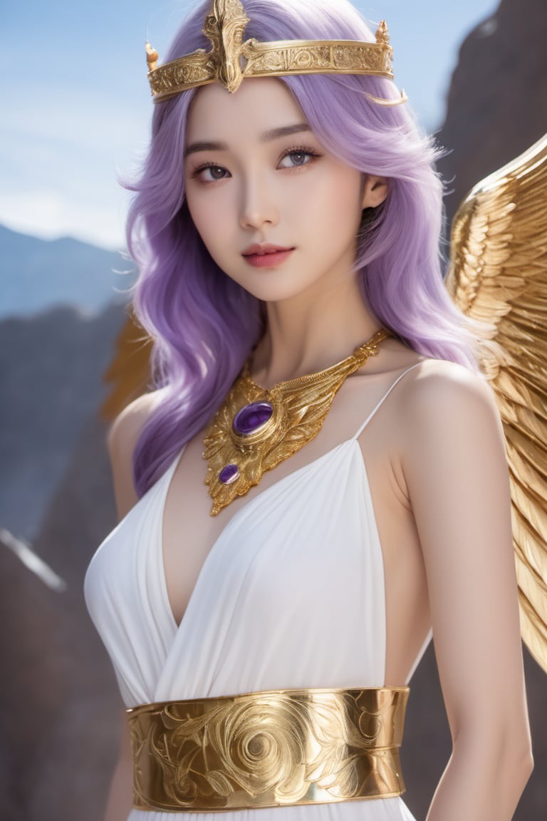 realistic, full-length portrait, Saori Kido, also known as Athena, is a 16-year-old girl of great elegance and beauty who arouses admiration around her. Her hair is long and a purple-blonde hue, flowing smoothly to her shoulders and framing her face. Her eyes are a deep light blue, with a serene and compassionate look that reflects her role as protector and leader. She wears a sheer, ankle-length flowing white gown, decorated with golden details and intricate embroidery denoting her position as the goddess Athena. She wears a golden belt that adjusts the dress to her figure, and a similarly golden necklace adorns her neck. On her left wrist, she wears a gold bracelet with a small symbol representing the Pegasus constellation, in honor of the Knight of Pegasus, Seiya, one of her faithful protectors. In her right hand, she holds a ceremonial scepter that exudes a sense of divine power. Atop the scepter is a miniature replica of Pegasus' armor helmet, symbolizing her connection to the Bronze Knights and her mission to protect Earth. The expression on her face combines grace and serenity, with a slight smile reflecting her confidence in good and her desire to protect humanity. Her presence radiates authority and warmth, inspiring those around her to fight for justice and peace, full body shot, cinematic lighting, full body shot through the lens of a high speed DSLR camera, portrait of whole body.