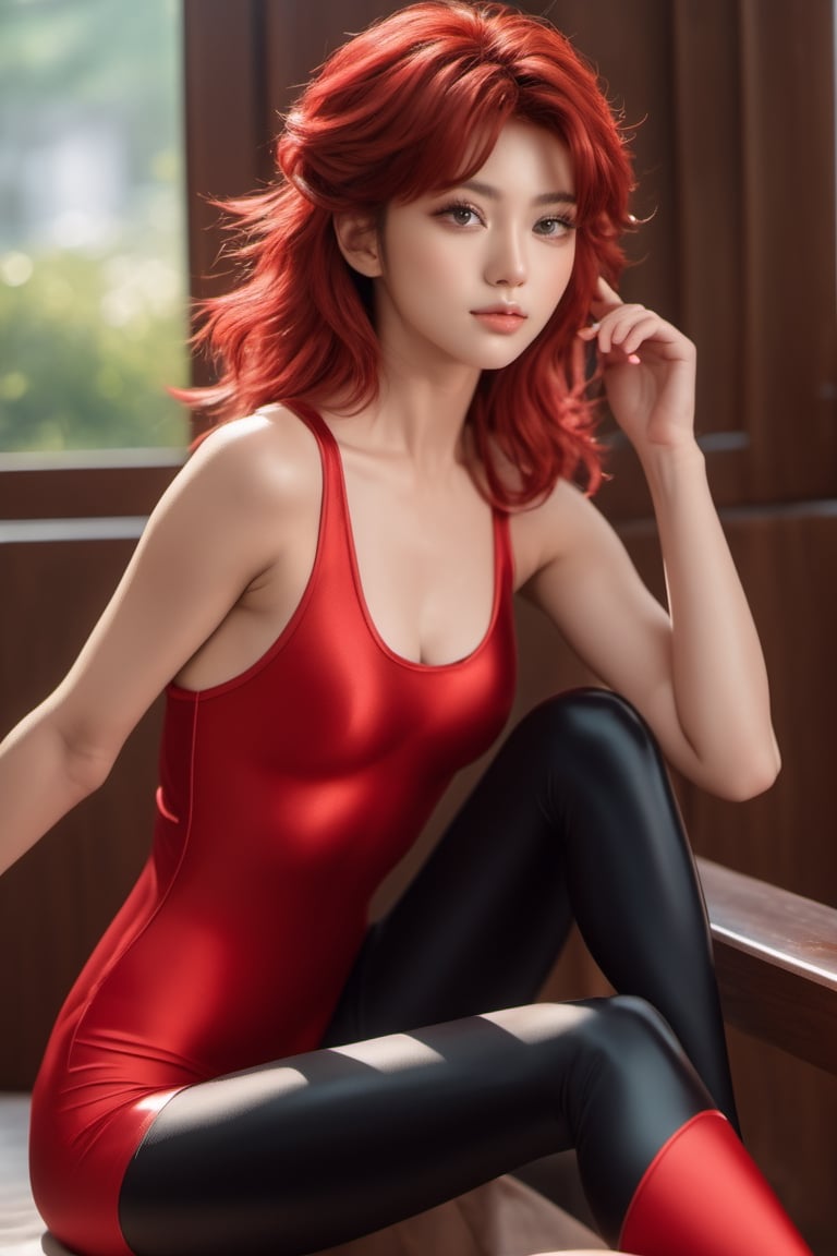 a full body, masterpiece, hyper realistic, photo realistic, full shot, captured through the lens of a high speed DSLR camera, cinematic lighting, 90's anime style, saint seiya, eagle knight marin, super realistic human skin, 8K, 1 girl, beautiful face, sitting, arms bare, 20 years old, semi-wavy red hair, short hair, (all black sleeveless low-cut workout leotard with one red leg), long red left-hand stocking, black wrist-length glove, black shoe,