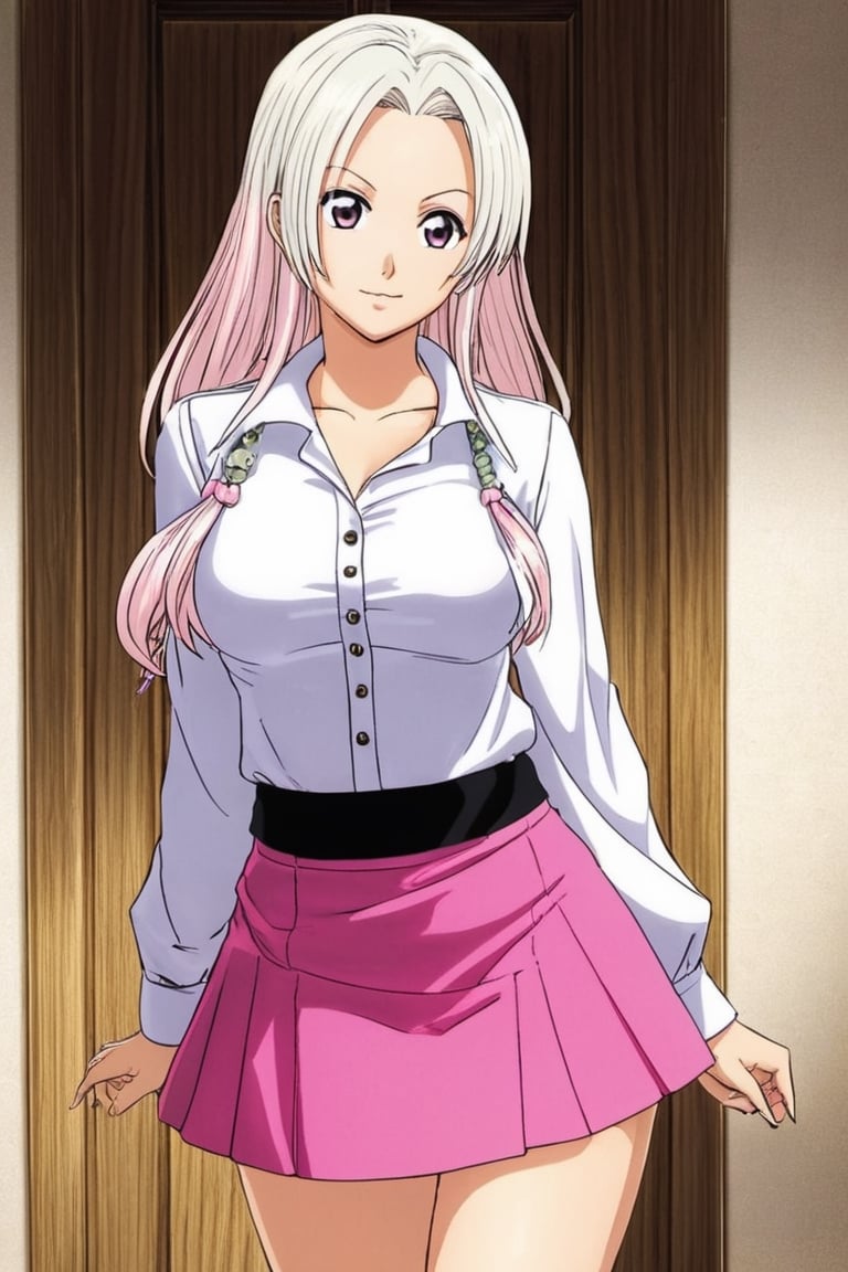 Elizabeth from Nanatsu no Taizai, the Seven Deadly Sins, long white hair, pink shirt blouse, black mini skirt