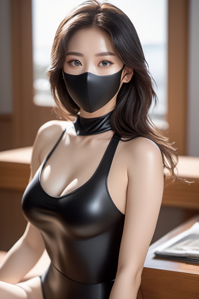 anime style, masterpiece, full length portrait, hyper realistic, 8K, wide shot, captured through a high speed DLSR camera lens, sitting, hyper realistic human skin, female, black leotard, 20 years old, Marin de eagle, a silver mask that completely covers the entire face including eyes and mouth