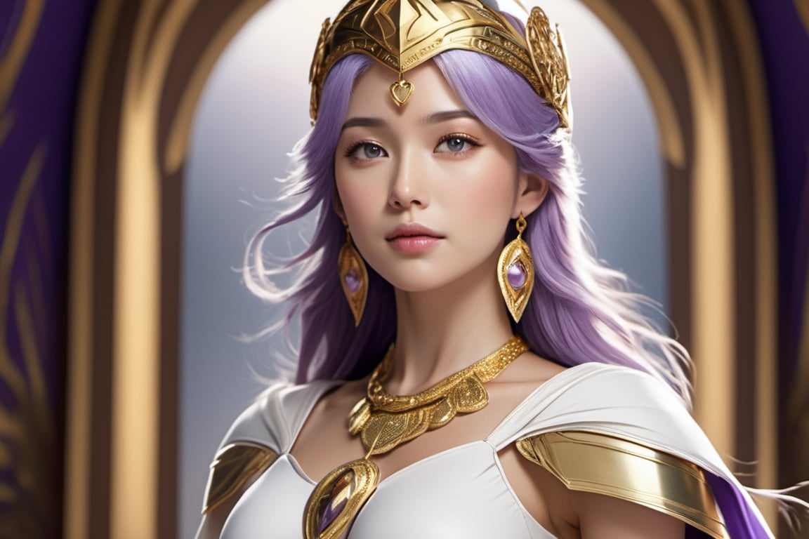 Realistic, full body capture, Saori Kido, also known as Athena, is a young woman of great elegance and beauty that arouses admiration around her. Her hair is long and a purple-blonde hue, flowing smoothly to her shoulders and framing her face. Her eyes are a deep light blue, with a serene and compassionate look that reflects her role as protector and leader. She wears a flowing white gown that falls to her ankles, decorated with golden details and intricate embroidery denoting her position as the goddess Athena. She wears a golden belt that adjusts the dress to her figure, and a similarly golden necklace adorns her neck. On her left wrist, she wears a gold bracelet with a small symbol representing the Pegasus constellation, in honor of the Knight of Pegasus, Seiya, one of her faithful protectors. In her right hand, she holds a ceremonial scepter that exudes a sense of divine power. Atop the scepter is a miniature replica of Pegasus' armor helmet, symbolizing her connection to the Bronze Knights and her mission to protect Earth. The expression on her face combines grace and serenity, with a slight smile reflecting her confidence in good and her desire to protect humanity. Her presence radiates authority and warmth, inspiring those around her to fight for justice and peace.