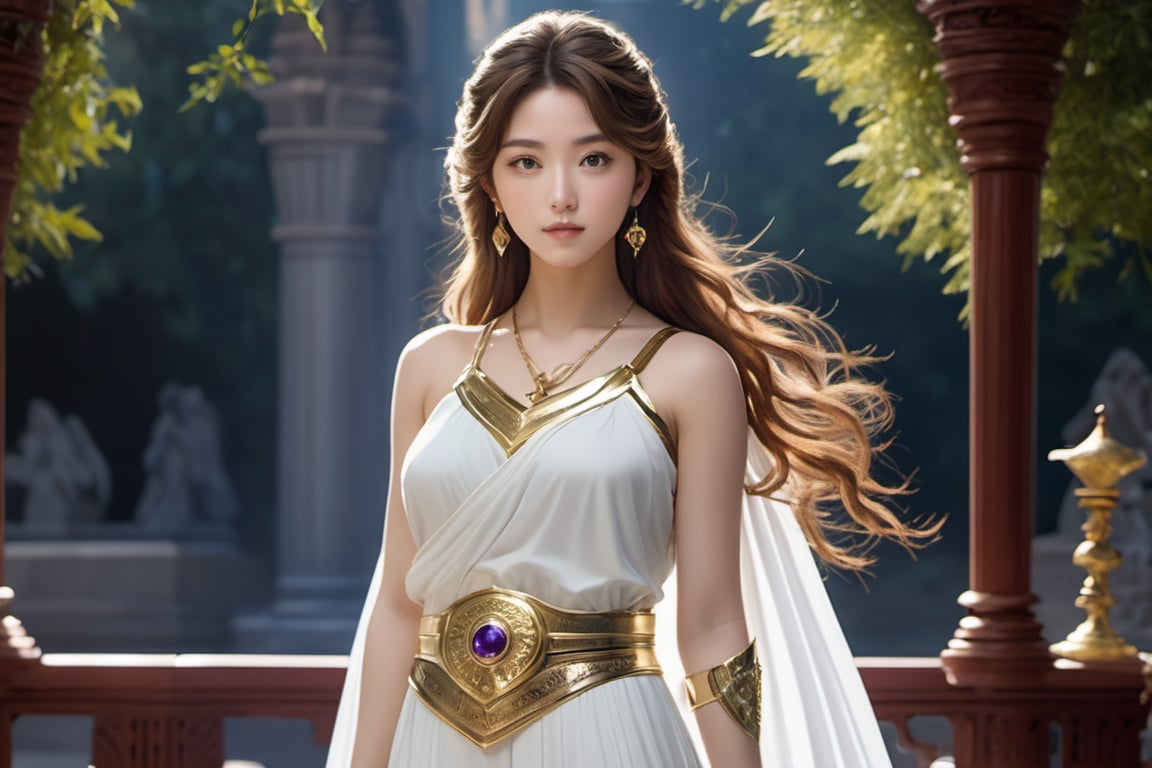 realistic, full-length portrait, Saori Kido, also known as Athena, is a 16-year-old girl of great elegance and beauty who arouses admiration around her. Her hair is long and a purple-blonde hue, flowing smoothly to her shoulders and framing her face. Her eyes are a deep light blue, with a serene and compassionate look that reflects her role as protector and leader. She wears a flowing white gown that falls to her ankles, decorated with golden details and intricate embroidery denoting her position as the goddess Athena. She wears a golden belt that adjusts the dress to her figure, and a similarly golden necklace adorns her neck. On her left wrist, she wears a gold bracelet with a small symbol representing the Pegasus constellation, in honor of the Knight of Pegasus, Seiya, one of her faithful protectors. In her right hand, she holds a ceremonial scepter that exudes a sense of divine power. Atop the scepter is a miniature replica of Pegasus' armor helmet, symbolizing her connection to the Bronze Knights and her mission to protect Earth. The expression on her face combines grace and serenity, with a slight smile reflecting her confidence in good and her desire to protect humanity. Her presence radiates authority and warmth, inspiring those around her to fight for justice and peace, full body shot, cinematic lighting, captured full body through the lens of a high speed DSLR camera.