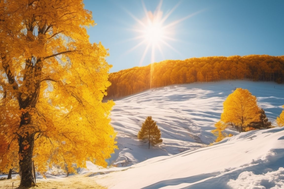 (((full length portrait))) (((masterpiece))) (((super realistic))) (((8K))) (((wide shot))) (((side angle))) ( ((maximum detail))) (((hyperrealistic))) snow field with yellow trees, bright sun, studio lighting, film lighting, vibrant colors, vivid colors, photographic film, Fujifilm XT3 captured by a Samyang 85mm F1 lens .4 Fe E, 80mm Sigma f/1.4, (((Regular Zoom)))